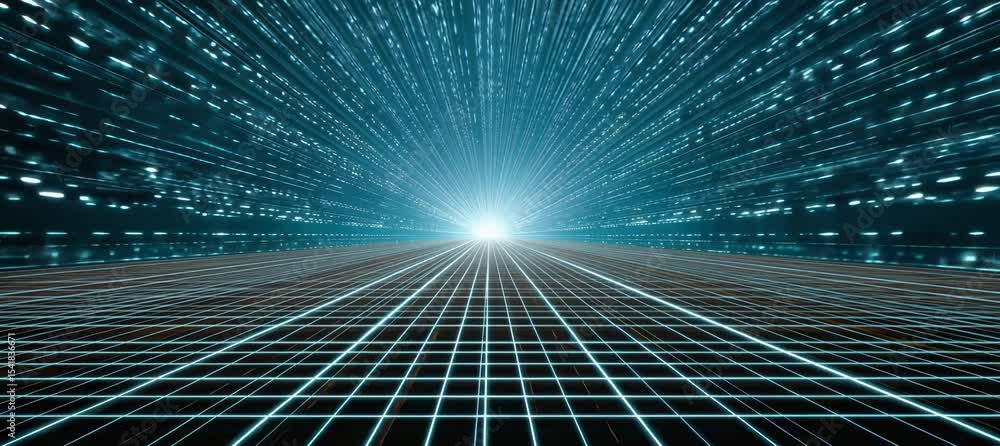 5D perspective space with grid line and spark light. Copy space background. Generative video AI technology.