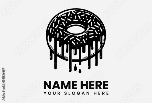 A black and white graphic of a donut with dripping frosting and sprinkles.