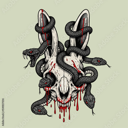 Vivid Tattoo Illustration Of A Snakes Coiled Around A Skull Expressing Darkness And Power