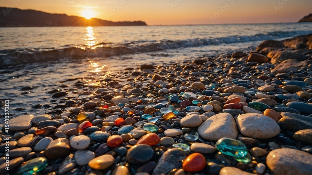 Obraz premium Colorful Pebbles and Clear Water on Rocky Shoreline at Sunset