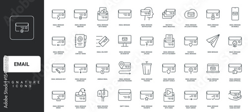 Open envelop and secure document, subscription, spam thin black symbols vector illustration. Email messages and marketing newsletter, mailbox app, mail letter send and edit line icon set.