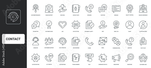 Online chat and email, help with client complaint by operator thin black outline symbols vector illustration. Customer support service, FAQ and info, feedback of experience line icon set.