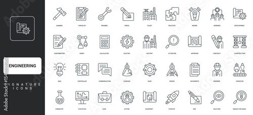 Architects blueprint, robot and factory conveyor thin black symbols vector illustration. Engineering in industry, construction, work process and solutions of engineer, worker line icon set.