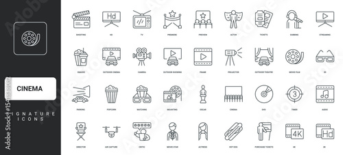 Ticket and popcorn of theatre auditorium, critics thin black symbols vector illustration. Cinema, video film premiere, movie production, entertainment, actor and actress stars line icon set.