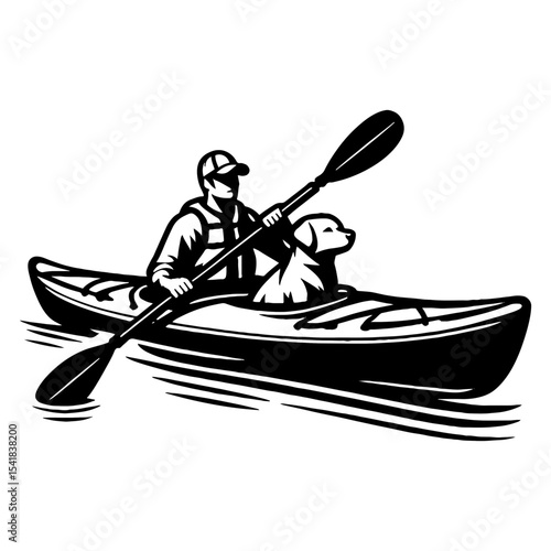 Person Kayaking with Labrador on Lake in Black and White Adventure Scene