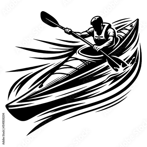 Whitewater Kayaker Charging Through Splashing Waves in Bold Black and White Design