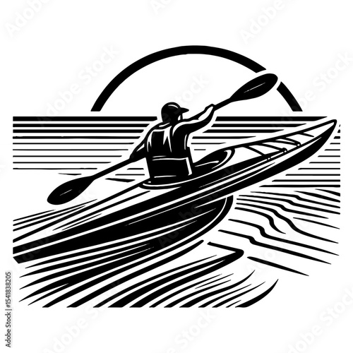 Kayaker Turning Toward Horizon with Sun Setting in Black and White Motion Scene