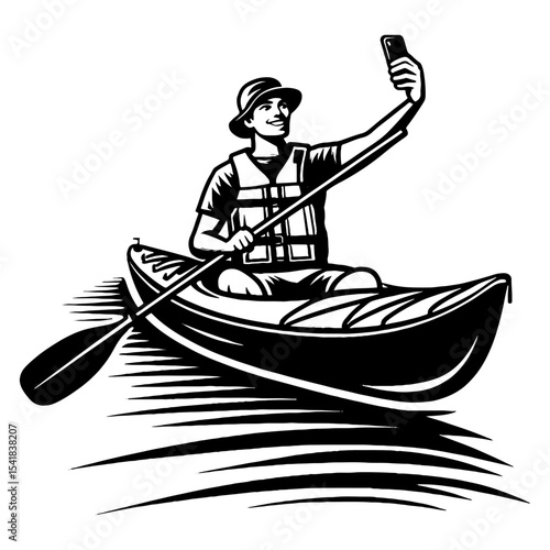 Man In Canoe Taking A Selfie, Black And White Silhouette Of A Kayaker