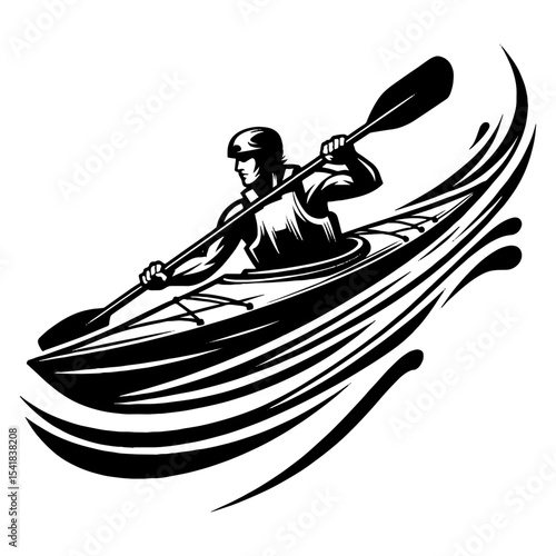 Athletic Kayaker Battling River Currents in Dynamic Black and White Silhouette