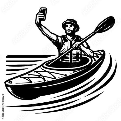 Smiling Man Taking Selfie While Kayaking in Black and White Adventure Illustration