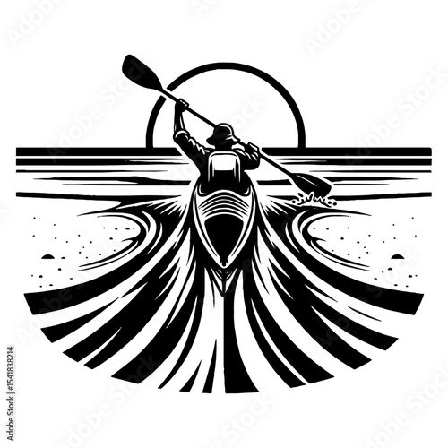 Kayaker Paddling Toward Sunset Horizon on Open Water in Black and White Adventure Scene