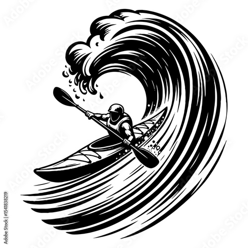 Extreme Whitewater Kayaker Riding Giant Wave in Black and White Illustration
