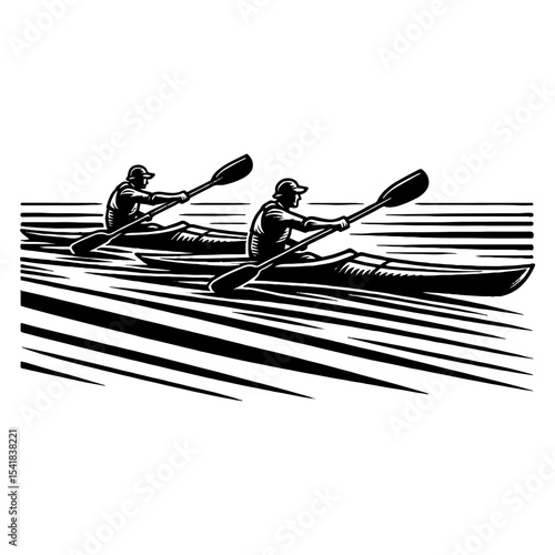 Two Athletes Racing Kayaks Side by Side in Black and White Water Sport Illustration