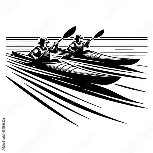 Two People Kayaking in Sync on Open Water in Black and White Racing Scene