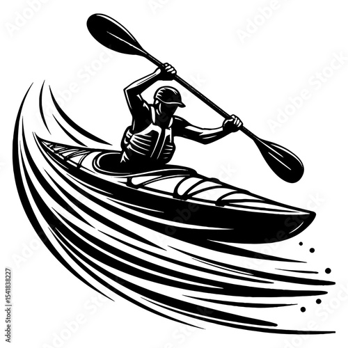 Kayaker Paddling Through River Rapids in Black and White Silhouette Illustration