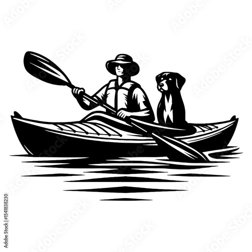 Man Canoeing with Dog on Calm Water in Black and White Silhouette Art