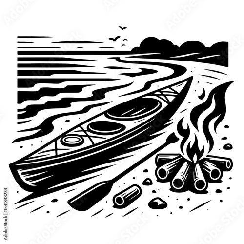 Kayak Pulled Ashore Beside Campfire on Rocky Beach in Black and White Nature Scene