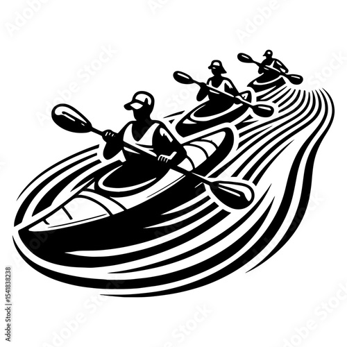 Group of Three Kayakers Paddling Downriver in Black and White Outdoor Adventure Scene