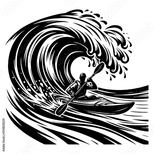 Extreme Kayaker Riding Powerful Ocean Wave in Black and White Action Illustration