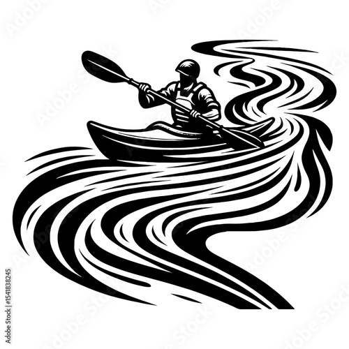 Solo Kayaker Navigating Winding Rapids in Black and White River Illustration