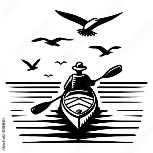 Man Kayaking Under Flying Birds on Peaceful Water in Black and White Nature Scene