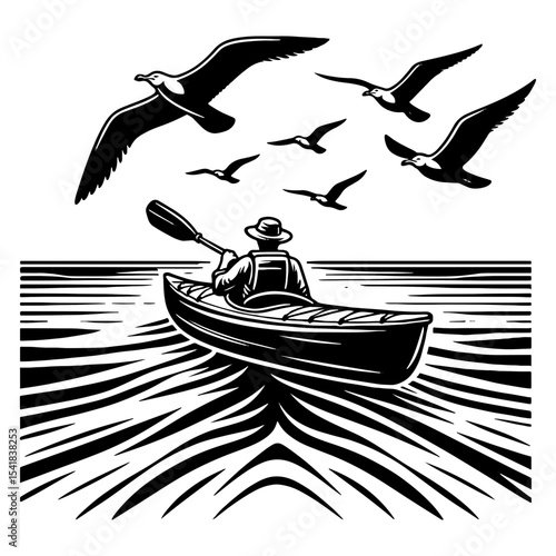 Man Kayaking Toward Horizon Under Soaring Seagulls in Black and White Coastal Scene