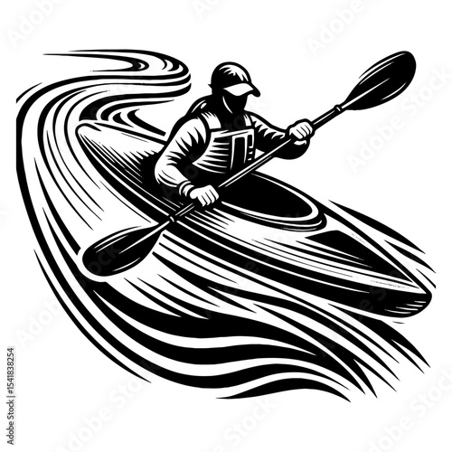 Focused Kayaker Steering Through Twisting River in Black and White Illustration