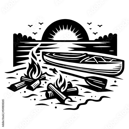 Canoe by Campfire on Lakeshore at Sunset in Black and White Wilderness Scene