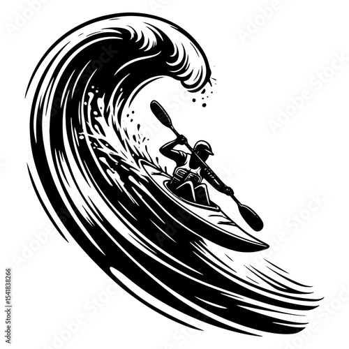 Kayaker Dropping Into Massive Ocean Wave in Black and White Action Scene