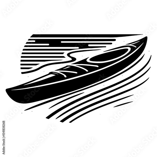 Empty Kayak Floating on River with Sunrise Lines in Black and White Minimalist Design