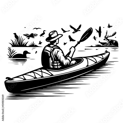 Man Kayaking Through Wildlife Marsh with Birds and Deer in Black and White Nature Scene