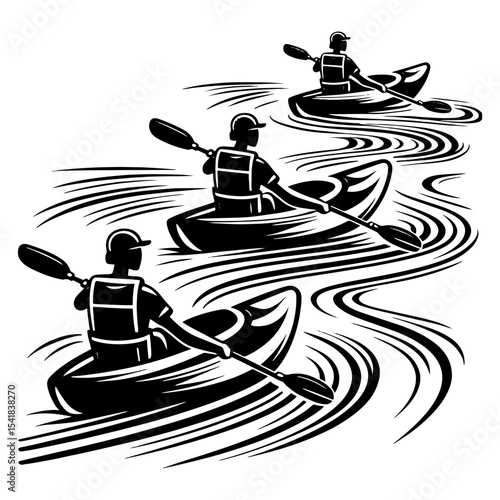 Three Kayakers Paddling Down Winding River in Black and White Outdoor Scene