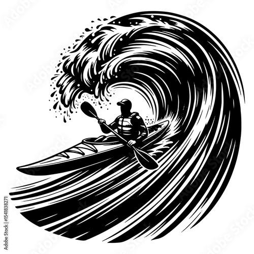 Fearless Kayaker Riding A Giant Curling Wave in Black and White Adventure Illustration