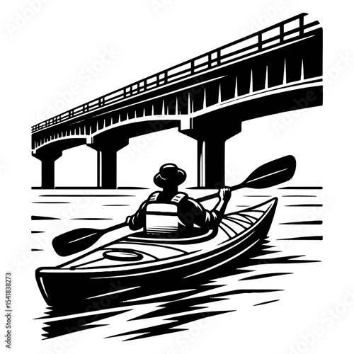 Solo Kayaker Approaching Large Bridge in Black and White River Scene