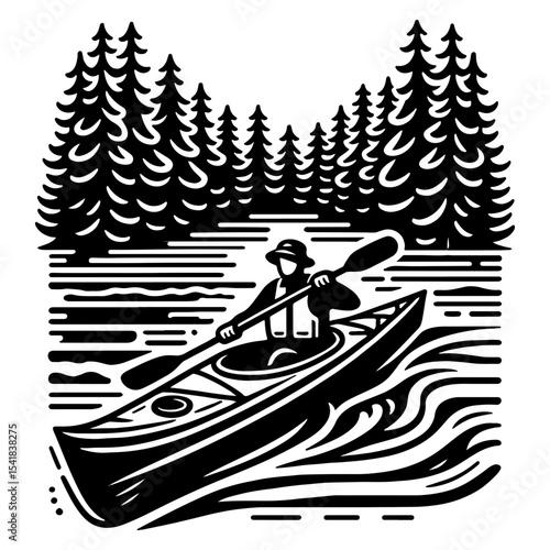 Kayaker Gliding Through Forest Lake with Tall Pine Trees in Black and White Outdoor Scene