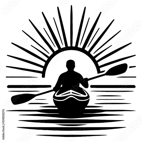 Silhouette of Kayaker Paddling Toward Sunrise in Black and White Inspirational Scene