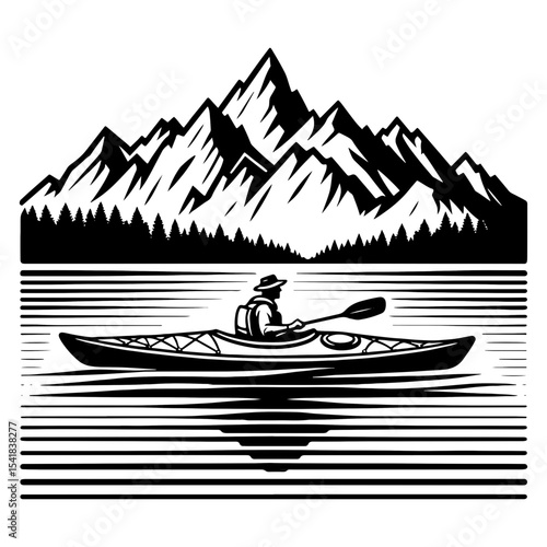 Man Kayaking on Lake with Mountain Range Reflection in Black and White Scenic View