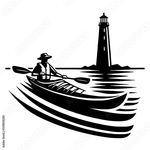 Solo Kayaker Paddling Past Lighthouse in Black and White Coastal Landscape