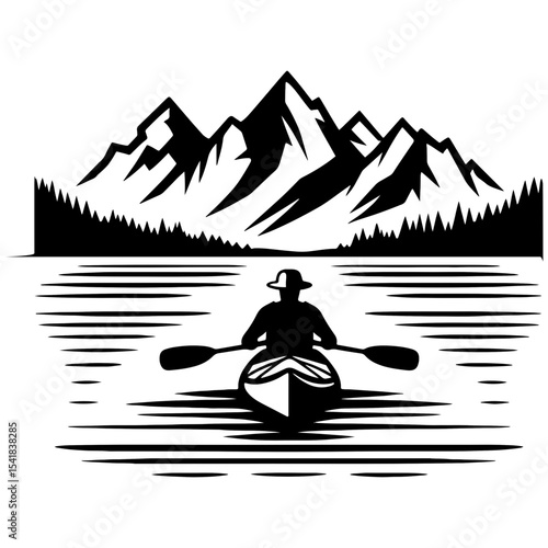 Kayaker Heading Toward Mountain Landscape in Peaceful Black and White Lake Scene