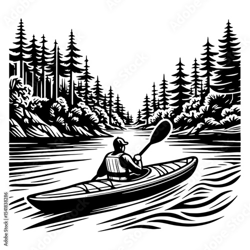 Man Kayaking Through Forest River Surrounded by Pine Trees in Black and White Nature Scene