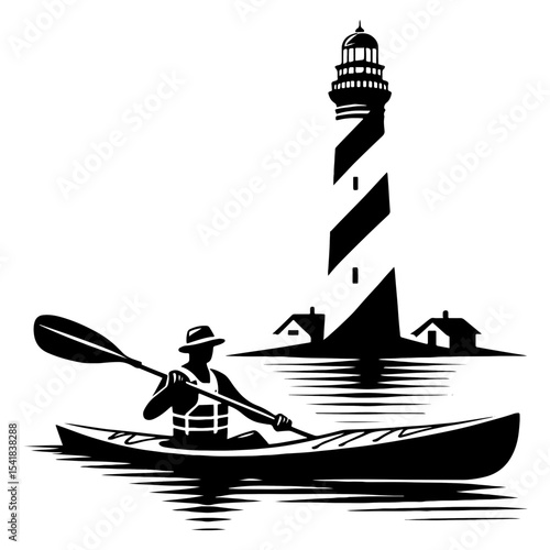Man Kayaking Past Striped Lighthouse and Coastal Cabins in Black and White Seaside Scene