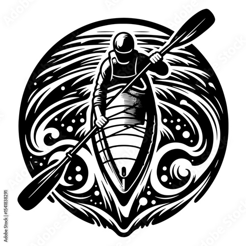 Top View of Kayaker in Swirling Water Circle Design in Black and White Artwork