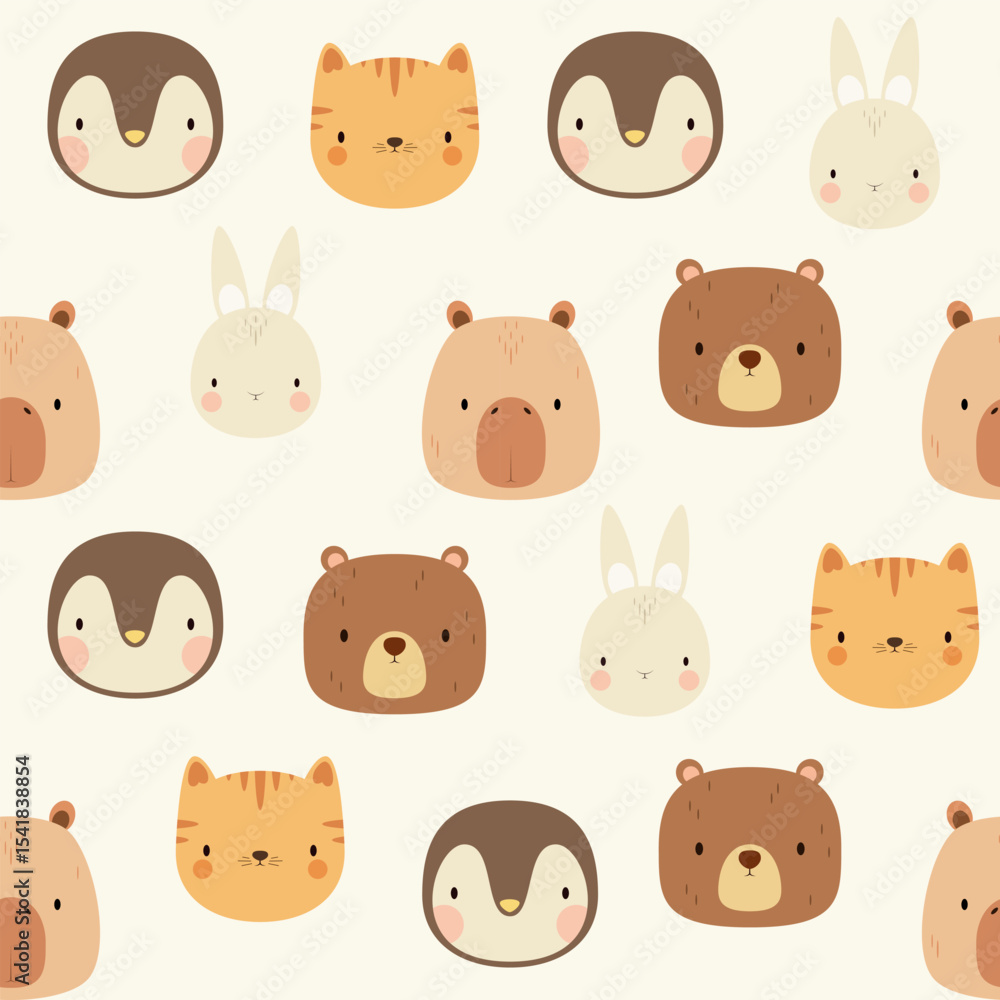 Obraz premium Seamless pattern with cute animal faces. Nurserly.