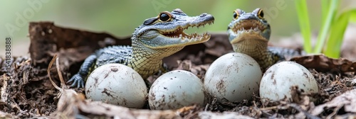 Baby crocodiles emerging from eggs in a nest