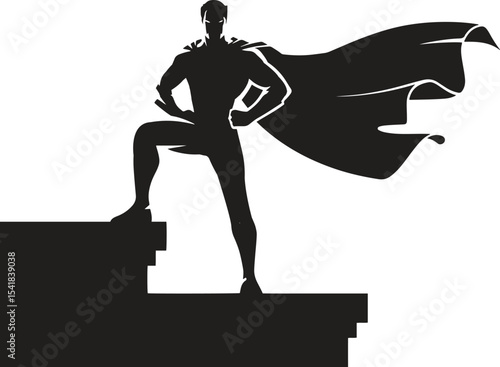 Silhouette of Superhero with Cape. Power, action, comic, heroism, fantasy. Vector illustration on white background