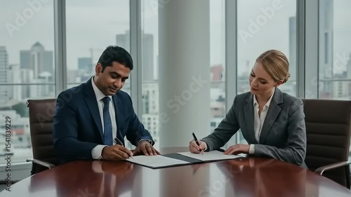Wallpaper Mural Business professionals in a modern office signing a contract with a city skyline in the background Torontodigital.ca
