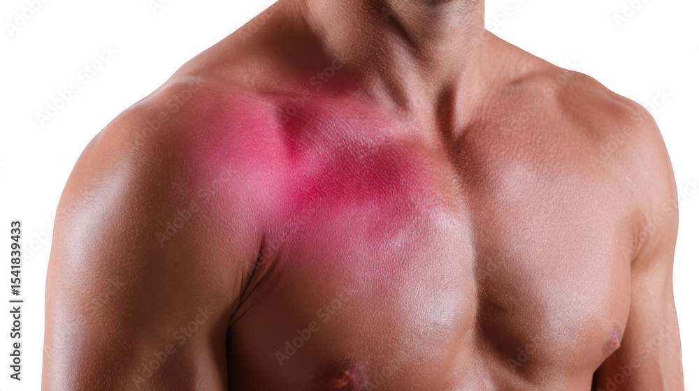 Fototapeta premium Close up of a male torso highlighting a painful red inflamed pectoral muscle strain, ideal for medical and healthcare publications on transparent background
