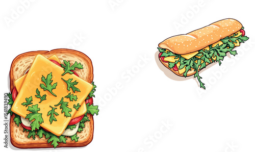 Vsai two delicious sandwiches with cheese, tomatoes, and arugula filling a white background