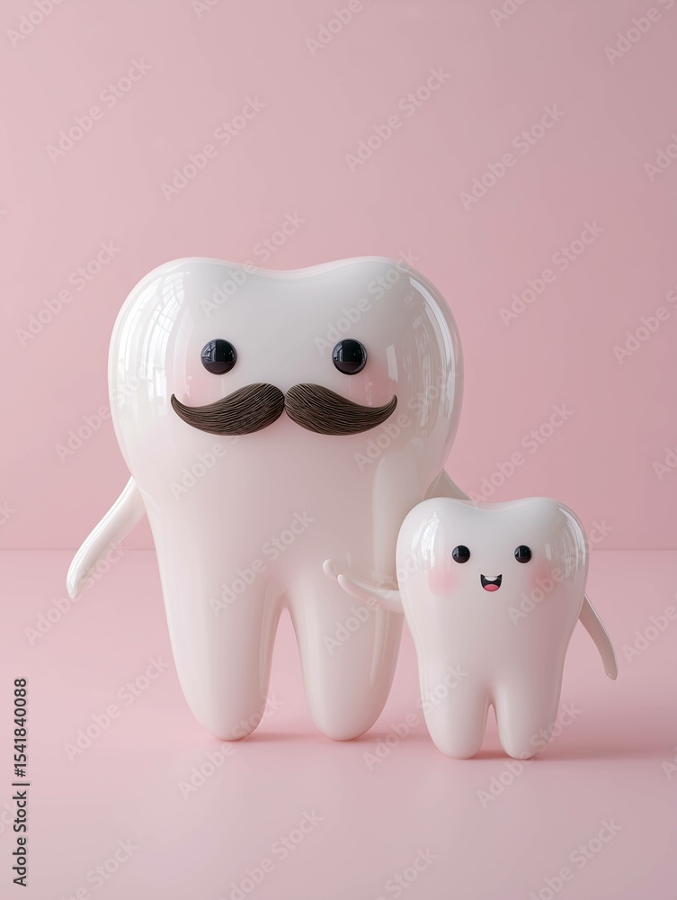 A big father tooth with moustache and a small tooth as a son on pink background A big father tooth with moustache and a small tooth as a son on pink background