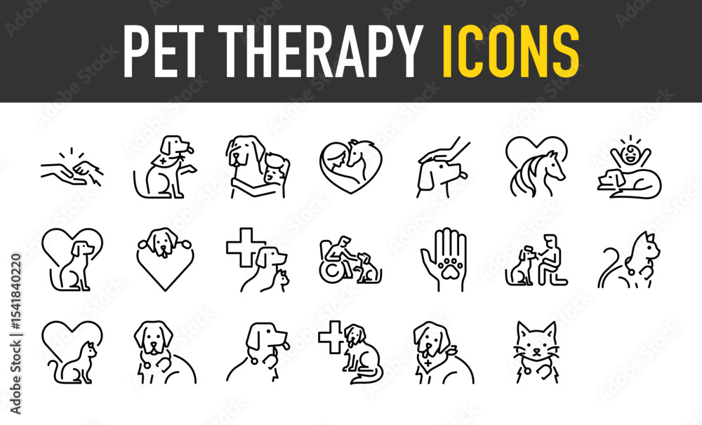 Set of Pet therapy vector icons. such as Animal, Dog, Love, Woman, man, Cat, Care illustration. Set of Pet therapy vector icons. such as Animal, Dog, Love, Woman, man, Cat, Care illustration.